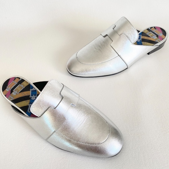 HERMES H CATENA SILVER LEATHER MULES FLIP FLOPS SHOES FLAT SLIDES 35 - Picture 10 of 15